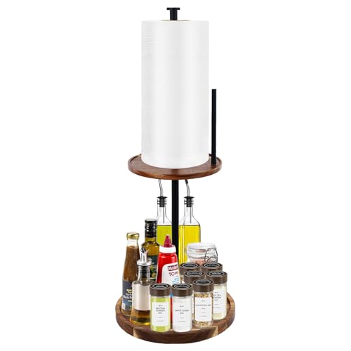 Baoswi 2-in-1 Spice Rack with Paper Towel Holder, Rotating Kitchen Countertop Storage, Lazy Susan Turntable Organizer, 2 Tier Wood tray for Kitchen, BBQ, Party, Tall Bottle Compatible