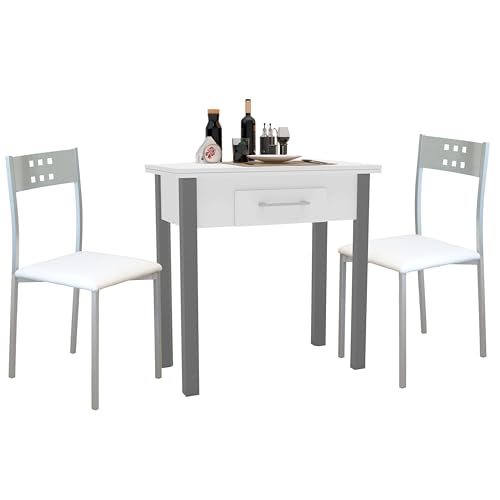 Conjunto de Mesa Extensible con 2 Sillas Cocina, Muebles de Cocina Blanco y Gris