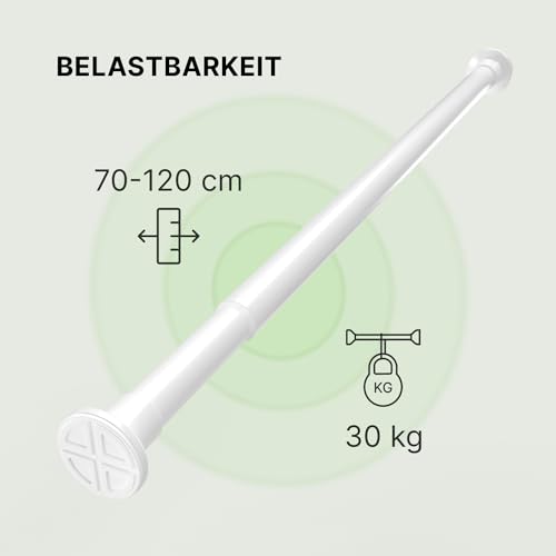 MEISENBERG Gardinenstange ohne Bohren - Weiß, Ø 25 mm - Teleskopstange Vorhang - Duschstange zum Klemmen - Klemmstange für Fenster, Raumteiler und Küche (70-120cm)