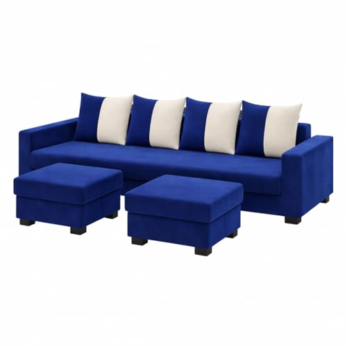 Image of SOCOZI Braviza 6 Seater L Shape Sofa Set with 2 Movable Ottomans | Flexible Layout | Soft Velvet Suede Fabric | Modern Design | Plush Comfort Cushions for Living Room (Dark Blue-Cream)