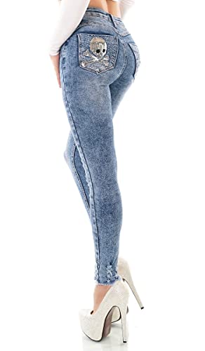 Label by Trendstylez Damen High Waist Slim Fit Skinny Röhren Jeans Skull Totenkopf Blue Washed F3253 Größe 42 Cover