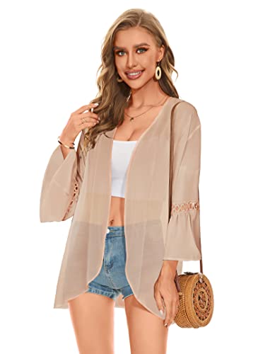 Kimonos For Women Cardigan Lace Floral Ruffle Sleeve Beach Cover Up Casual Tops(01 Lace Orange,M) #TOP2