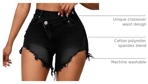 Image of PINSV Women's High Waisted Crossover Jean Shorts Ripped Hem Raw Denim Shorts