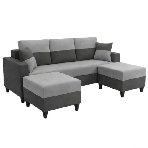 Image of Cavo 5 Seater L Shape Sofa Set with 2 Movable Ottomans | Flexible Layout | Luxury Velvet Suede Fabric | Modern Living Room Sofa | Dark Grey-Light Grey