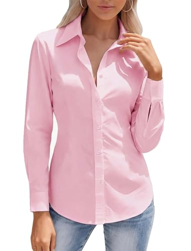 HOTOUCH Womens Button Down Shirts Long Sleeve Dressy Casual Collared Neck Tops Slim Fit Work Blouse Clothes Pink M