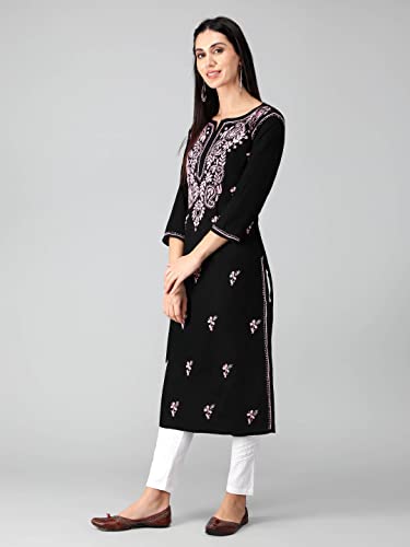 Image of Seva Chikan Hand Embroidered Lucknowi Chikankari Regular Straight Cotton Kurta Kurti for Women SCL4243