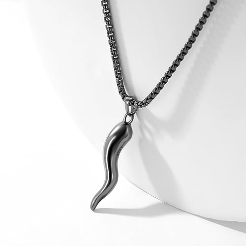 925 Sterling Silver Italian Horn Cornicello Lucky Necklace with Stainless Steel Chain 22"+2"3