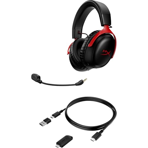 Image of HyperX Cloud III Wireless - Gaming Headset for PC, PS5, PS4, up to 120-hour Battery, 2.4GHz Wireless, Spatial Audio, 53mm Angled Drivers, Memory Foam, Durable Frame, 10mm Microphone, Black /Red