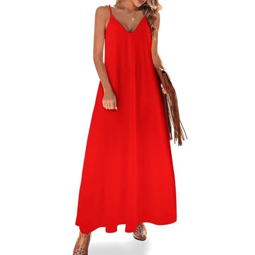 Vestidos Largos de Verano con Estampado Rojo para Mujer 2025, Vestidos playeros Largos Informales con Tirantes Finos
