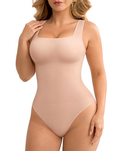 Image of FeelinGirl Bodysuits for Women Seamless Square Neck Tummy Control Compression Thong Shapewear Bodysuit Tank Tops Bodysuit