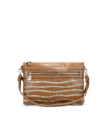 BOSANOVA Bolso para Mujer con Doble Compartimento, Finas Tiras con tachas metálicas, asa de Hombro y de Cruzar extraíbles. Cierre con Cremallera. Tostado U