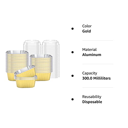 Ihomeset 50 Pcs 10 Oz Baking Cups Aluminum Foil Cupcake Cups With Lids Square 300Ml Cake Pan For Desserts Flans, Creme Crisp Cups, Pudding Jello Cups, Catering Party Favor Gold #TOP7