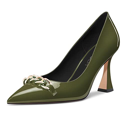 HDEUOLM Women Chunky Block High Heel Pointed Toe Pumps Slip-on Party Cute Classic 3.3 Inches Heels