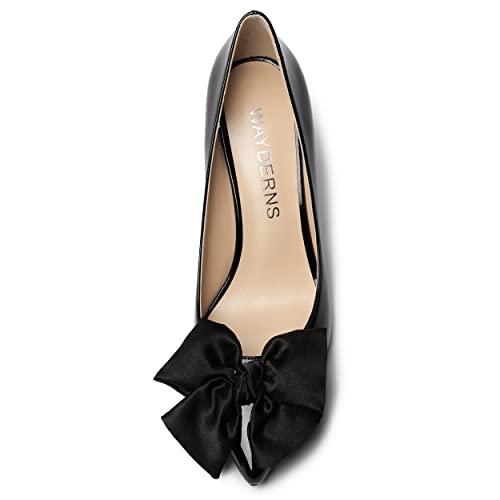 WAYDERNS Women's Bow Decorated Patent Slip On Pointed Toe Block High Heel Pumps Shoes 3.5 Inch3