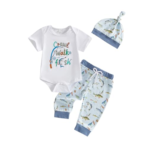 Image of Amnnchya Newborn Baby Boy Clothes Fishing Short Sleeve Romper Shirt Tops Pants Summer Spring Outfits Cute Hat Set