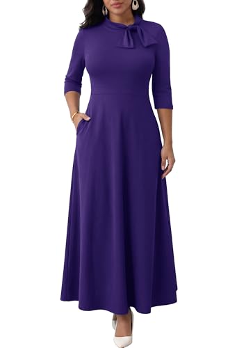 Image of FANDEE Maxi Dress for Women Long Elegant 3 /4 Sleeve Bow Tie Neck A Line Casual Party Church Dresses with Pockets