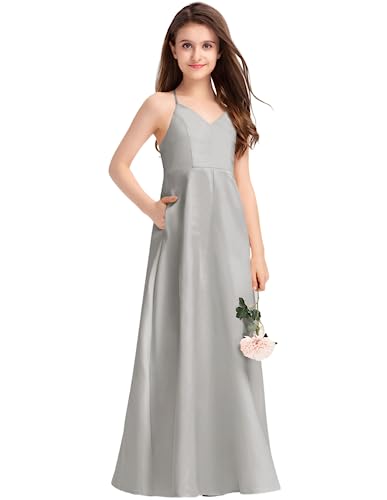 Junior Bridesmaid Dress, Flower Girl Dresses, Formal Dress for Teen Girls A-line V-Neck Floor-Length Satin