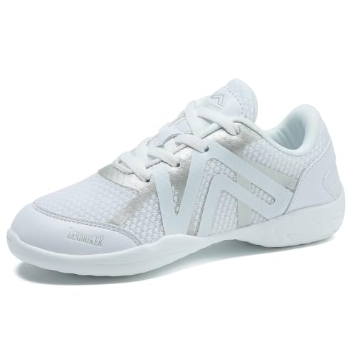 LANDHIKER White Cheer Shoes for Girls Womens Cheerleading Shoes Youth Training Athletic Flats Lightweight Breathable Comfortable Fabric Kids Cheer Sneakers Size2