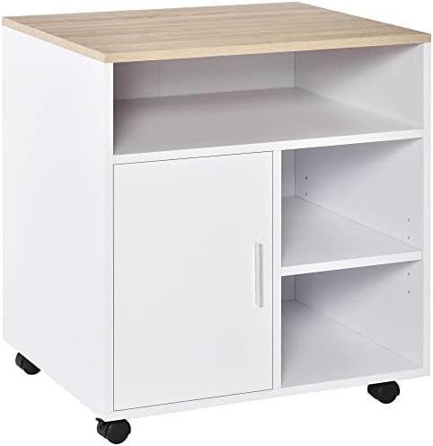 HOMCOM Multi-Storage Printer Stand Unit Office Desk Side Mobile Storage w/ Wheels Modern Style 60L x 50W x 65.5H cm - Oak