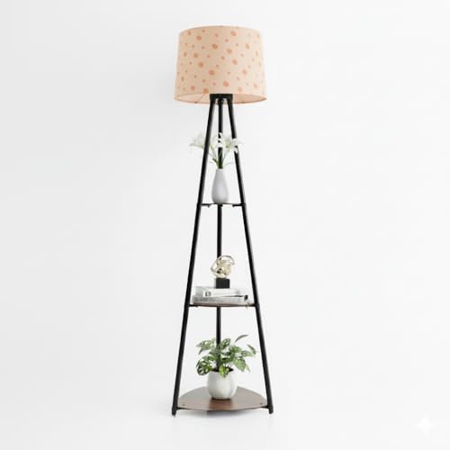 Image of Tripod Metal Floor Lamp with Shelves Stylish Standing Lamp for Living Room Decoration Bedroom Corner Stand Aesthetic Home Decor (Orange Polka Dots) LED Bulb Included
