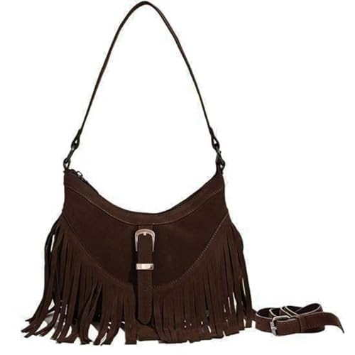 Amzufs Bolsa feminina ocidental pequena com franjas axilas, bolsa de ombro, camurça vegana, hippie, bolsa tiracolo com borla, café