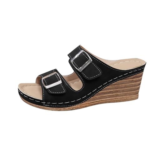 Pantuflas de viaje para mujer, a la moda, primavera, verano, sandalias sólidas, hebilla de cinturón, puntera abierta, tacón de cuña, W 034 Negro, 37 EU