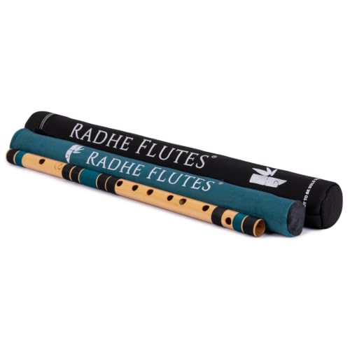Image of Radhe Flutes Bamboo Bansuri C Sharp Right Handed Middle Octave (18 inch) With Hard Cover (Beige Flute With Black & Dark Green Threads)