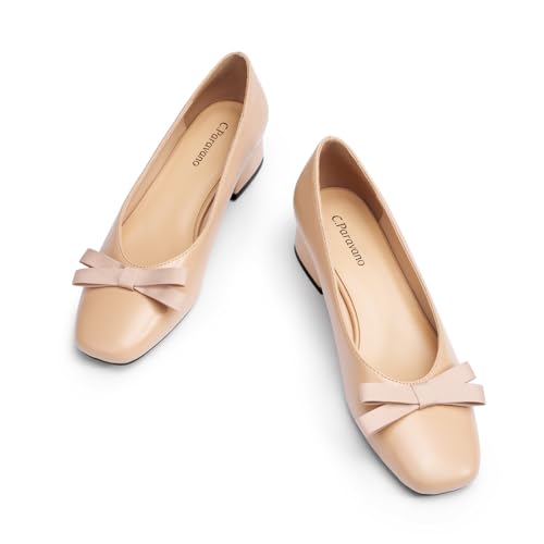 C.Paravano Women's Pumps | Low Chunky Heel | Block Heels for Women | Dress Shoes for Women | Comfortable Heels with Bow