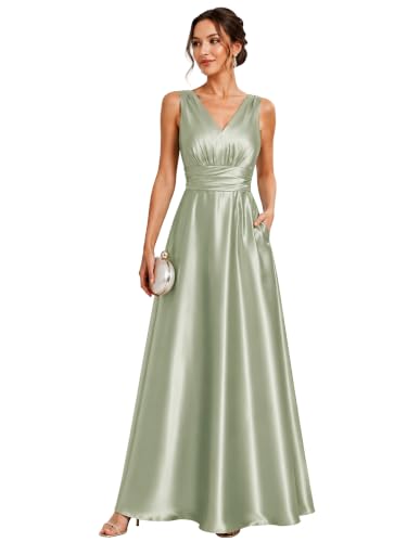 Image of Ever-Pretty Women's Summer Satin V Neck Formal Wedding Guest Dress Floor Length Empire Waist Bridesmaid Dresses with Pockets