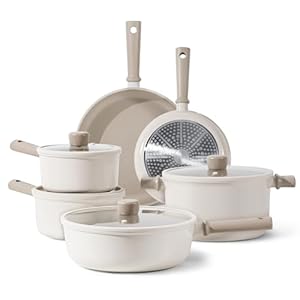 CAROTE 10pcs Pots and Pans Set Non Stick, Nonstick Kitchen Cookware Sets, Induction Cookware Sets with Stay-Cool Handle, Beige and Taupe