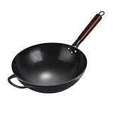 CHFYIJYHM Schwere 16-Zoll-Wok-Pfanne, Induktions-Wok, handgefertigter großer Wok aus Eisen und Antihaft-Wok mit Holzgriff, Küchenkochgeschirr