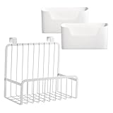 PPDVUUT Cabinet Door Organizer, Over Cabinet Hanging Basket + 2 Adhesive Wall-Mounted Bins, White Metal & PP, No-Drill Space Saver for Kitchen, Bathroom, Under Sink, Office, Refrigerator, Bedside