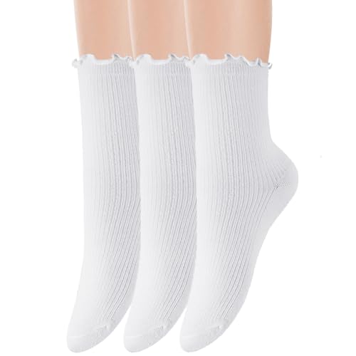 Image of 3 Pairs White Ruffle Ankle Socks for Women, Cute Cotton Frilly Socks, Crew, Casual, Soft, Breathable