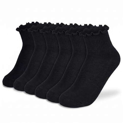 Image of BIVOLU Womens Ankle Socks Ruffle Cotton Cute Frilly Trim Breathable Ankle Ruffled Socks 6 Pack