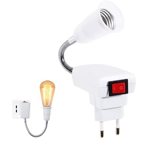 Portalámparas E27 con Interruptor, Adaptador de Enchufe E27 Europeo, Rotación de 360° Con Cuello de Cisne Flexible, Interruptor ON/OFF, Apto para Dormitorios, Cocinas, Pasillos, Lectura