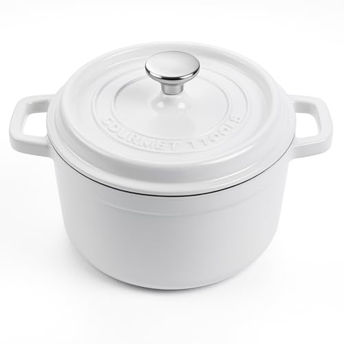 Four hollandais en fonte émaillée antiadhésive 24 cm/ 3,6 litres 6/4 convives Cocotte avec couvercle rond pour cuisiner avec les saveurs et les nutriments traditionnels -Blanc. Gourmet Tools