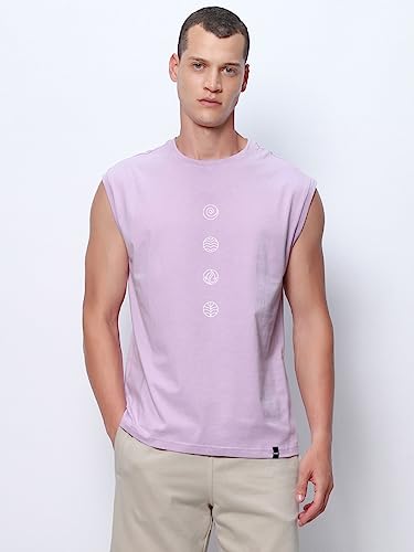 Image of Bewakoof Men Make Tracks Graphic Print Blue Sleeveless Round Neck Vest