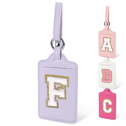 Initial Letter Luggage Tags for Suitcases, Monogrammed Suitcase Luggage Identifier Name Tag, PU Leather TSA Approved Luggage Tags,Bag Tags for Men Women Kids Luggage Handbags(Purple-White F)