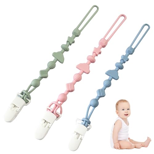 3 Pack Silicone Pacifier Clips - Luoqun88 Silicone Dummy Clip for Baby Boys and Girls, One Piece Design, Universal Fits Most Pacifiers & Teething Toys, Food-Grade Silicone (Bule, Green, Pink)