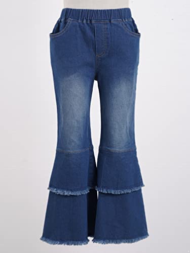 Linjinx Girls Stretchy Flare Skinny Jeans Kids Elastic Waistband Tiered Bell-Bottom Hem Denim Pants with Pockets3
