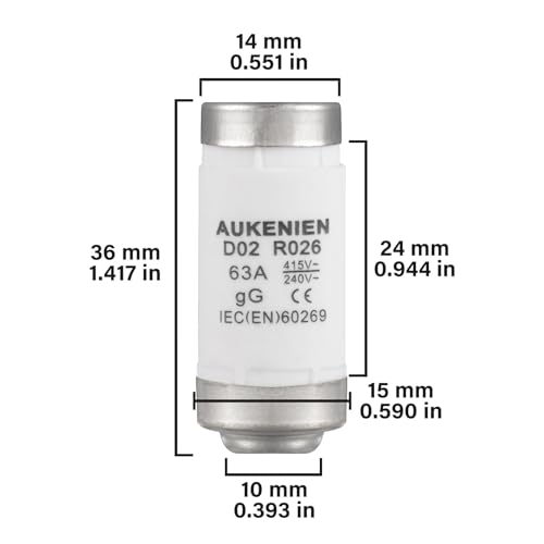 AUKENIEN Neozed Fuse 63A D02 E18 Spiral Ceramic Fuses 400VAC NEOZED fuse Insert 63 Amp 400V gL/gG for Cable and Line Protection(5Pieces) - Image 2
