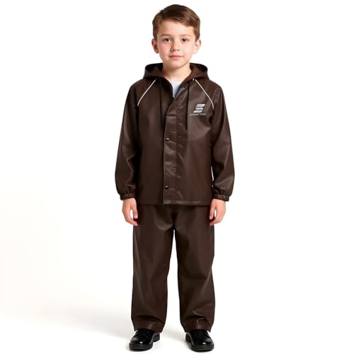 Image of Amazon Brand Symactive Reversible Double Layered Standard Length Hooded Raincoat with Pants for Kids (Unisex) | Waterproof | Elastic Cuffs | Age 08-10 Years | Brown | Polyester