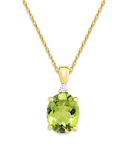 14K Yellow Gold Genuine Peridot Oval 2-1/2 Ct with Diamond Accent Pendant Necklace