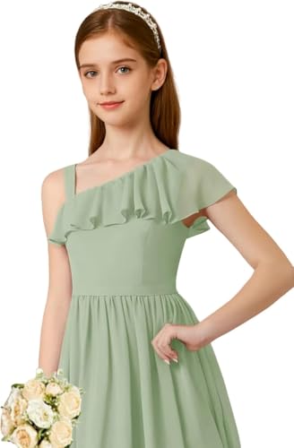 Junior Bridesmaid Dress Ruffle One-Shoulder Chiffon Flower Girl Dress for Teen Girls Pageant Gowns4