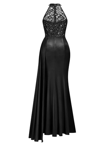 Miusol Women's Sexy Halter Sequin Lace Satin High Split Ruched Style Evening Party Maxi Dress4