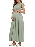 OUGES Maternity Dress for Baby Shower Photoshoot Summer Casual Ruffle Sleeve Maxi Dress with Pockets(Grey Green,L)