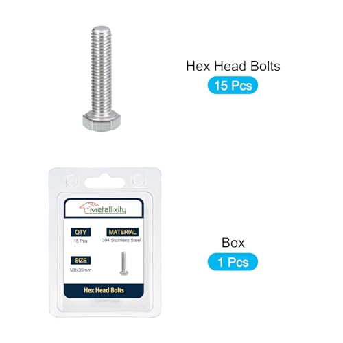Image of METALLIXITY Hex Bolts (M8-1.25x35mm) 15Pcs, 304 Stainless Steel Coarse Fully Threaded Hex Head Screw Bolt Machine Screws - for Furniture Repair, Silver