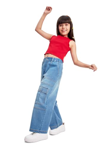 Image of olele Girls Super Jeans Collection for 4-14 Yrs | Stretchable Cotton Denim Trousers | Blue Jeans for Kids | Baggy Denim Pants | Cargo Pants for Girls
