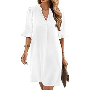 Famulily Womens Dresses V Neck Puff Sleeve Solid Loose Fit Casual Summer Beach Flowy Shirt Dress