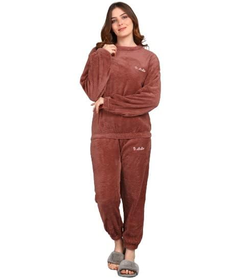 crosstrap Womens Fuzzy Fleece Long Sleeve 2 Piece Loungewear Outfits Sweater Pants Pajama Sets Free Size (26 Till 34) Brown-picture-18